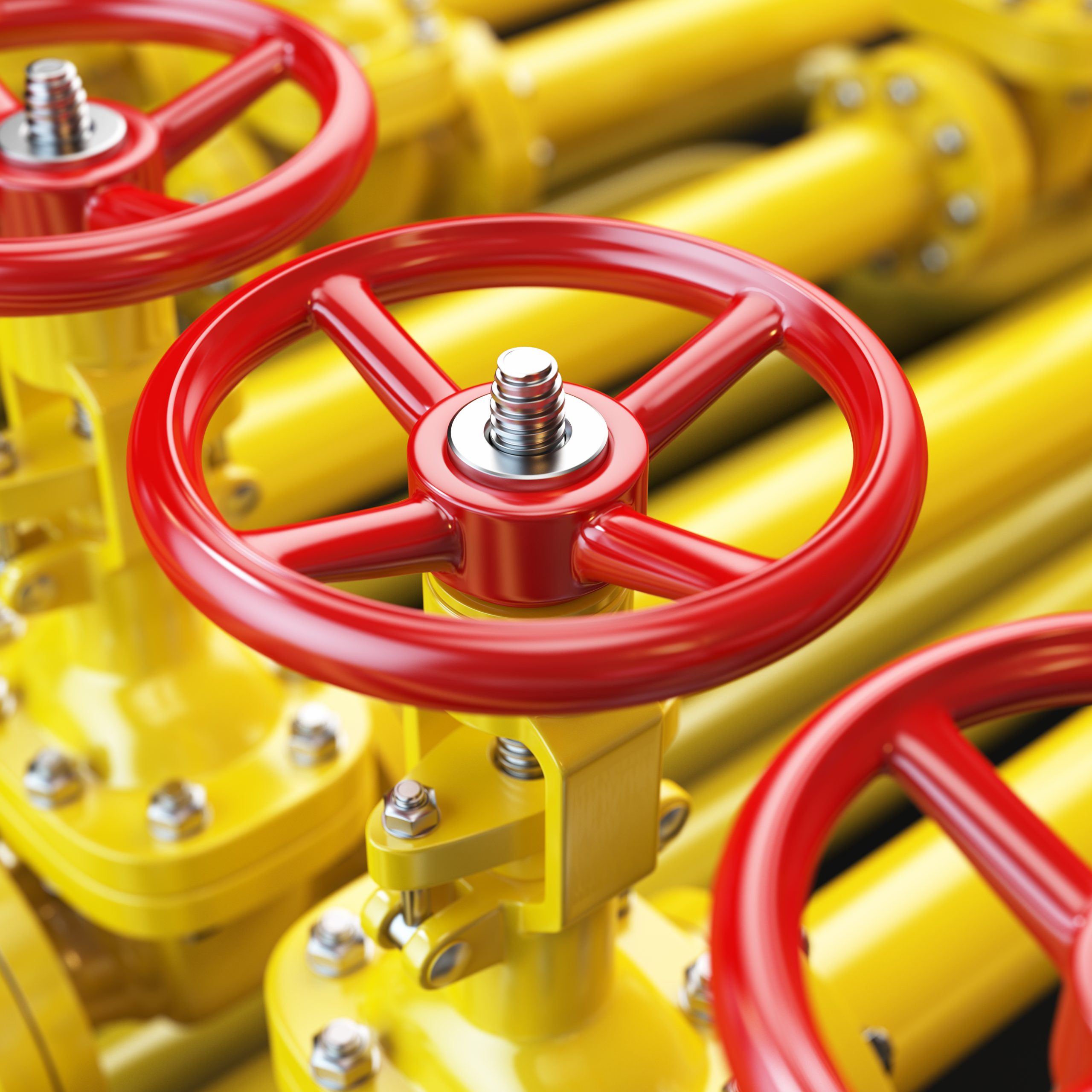 Yellow oil or gas pipe line valves. 3d illustration