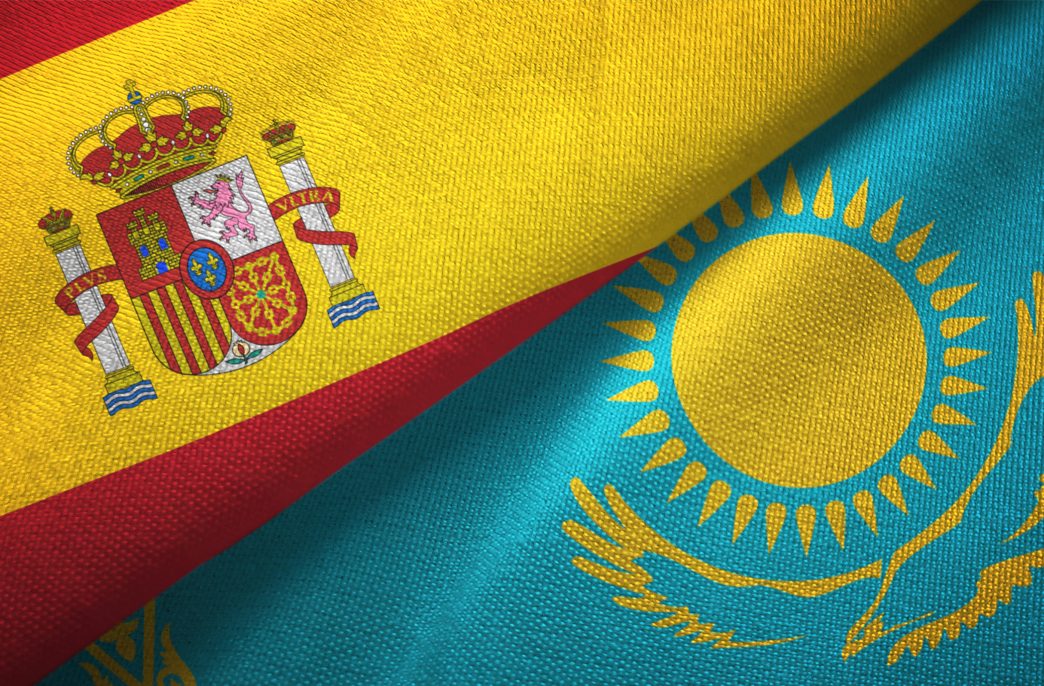 Kazakhstan and Spain flag together realtions textile cloth fabric texture