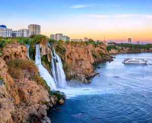 Lower Duden waterfalls on Mediterranean sea coast, Antalya, Turkey, in sunset light