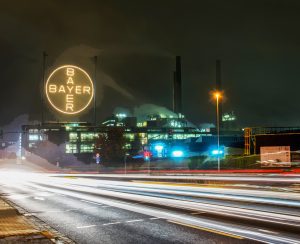 10-25-2015  Leverkusen Germnany  Awe view in night at Sign BAYER   on  buildings of chemical industry   in Leverkusen  and