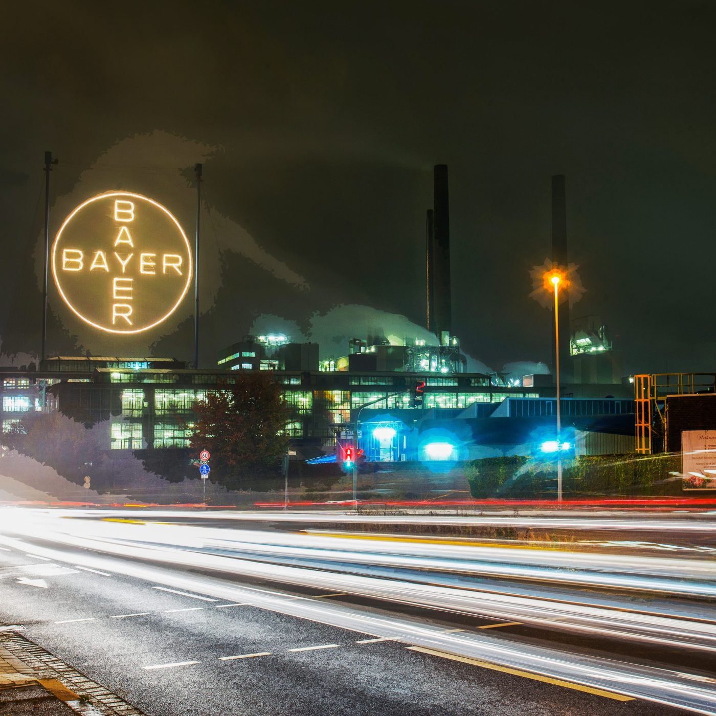 10-25-2015  Leverkusen Germnany  Awe view in night at Sign BAYER   on  buildings of chemical industry   in Leverkusen  and