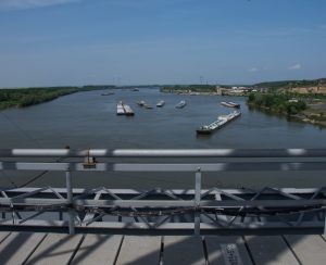 view  from The Anghel Saligny Bridge,
ships, barges on the Danube,Cernavoda, Romania. may , 2017