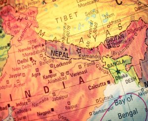 Vintage Map Nepal and Bhutan .  Close-up macro image of Nepalese  map . Selective focus