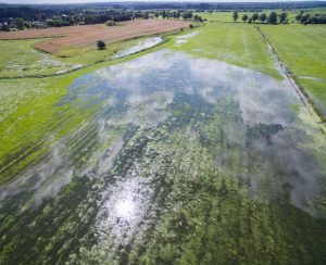 Aerial view of flooded agricultural fields after storm with heavy rain in germany