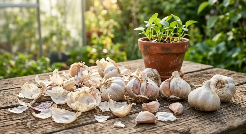 Garlic fertilizer made from garlic peels and bulbs next to a terracotta seedling pot