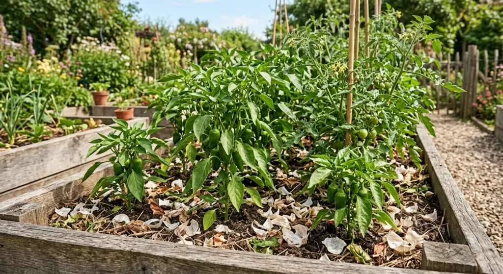 Garlic peel used as fertilizer mulch in an outdoor vegetable raised garden bed