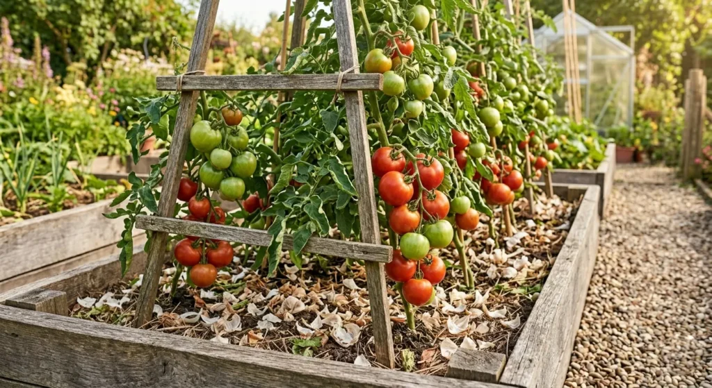 Tomato plants thriving with organic garlic fertilizer amendments in a summer garden