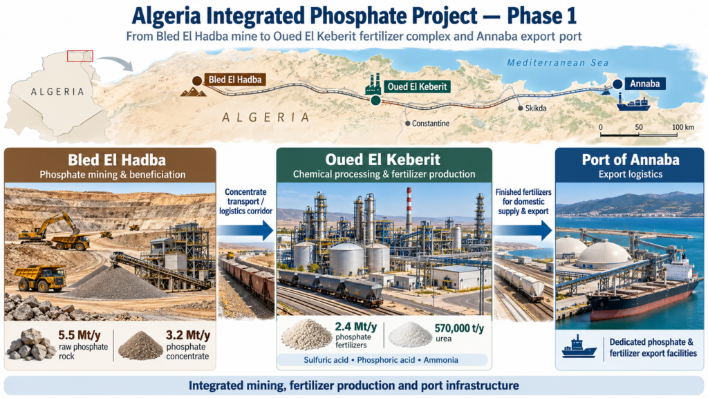Algeria Integrated Phosphate Project Phase 1 from Bled El Hadba mine to Oued El Keberit fertilizer complex and Annaba port