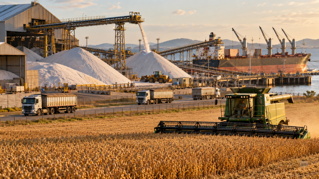 Grain harvest near a fertilizer port terminal