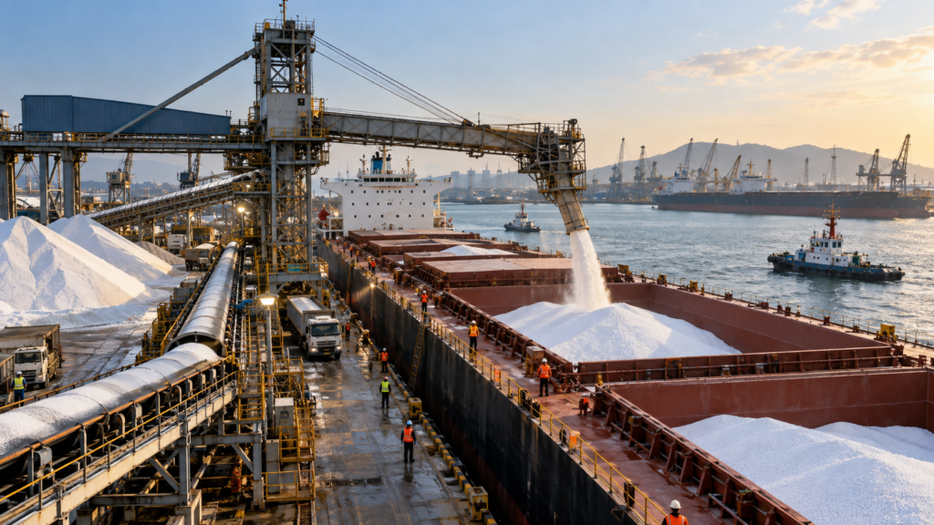 Bulk urea loading operations at an industrial port terminal