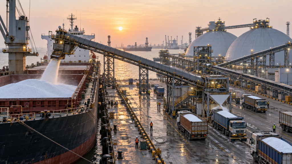 Urea import terminal at sunset with cargo vessel and fertilizer storage domes