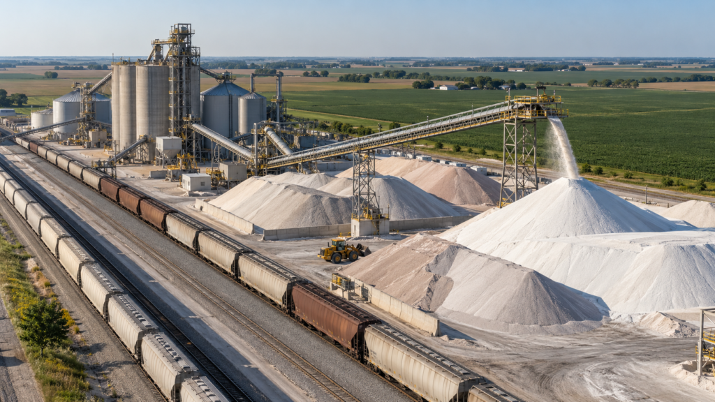 Inland fertilizer terminal with railcars, stockpiles and farmland