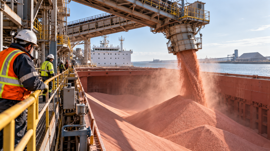 Workers supervising bulk potash loading into a cargo vessel