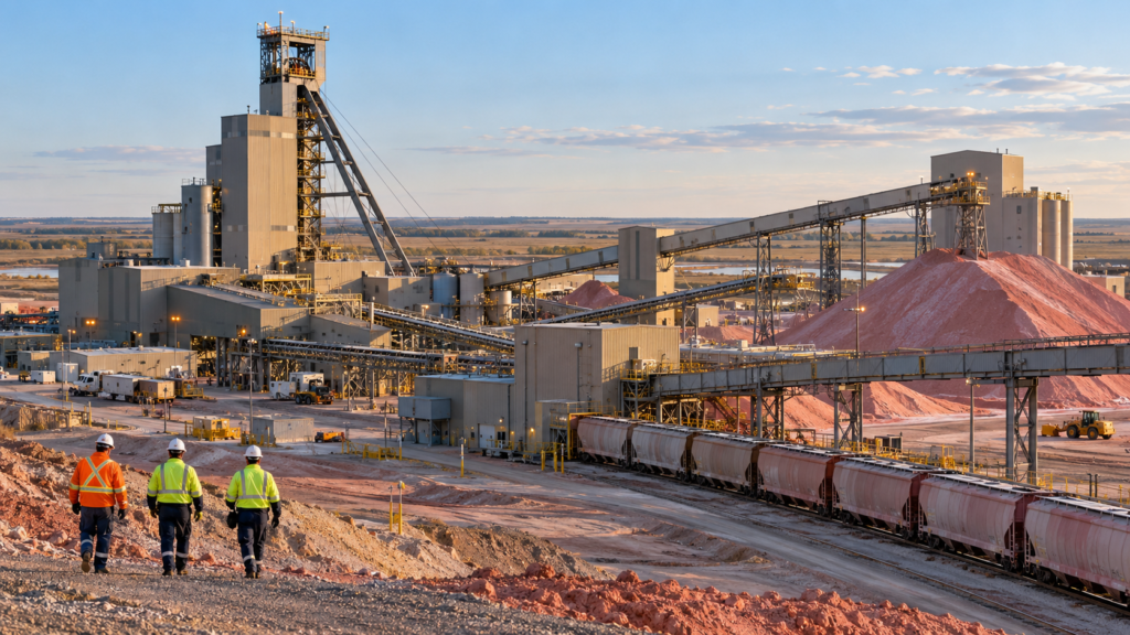 Workers at a potash mine and processing complex in Saskatchewan