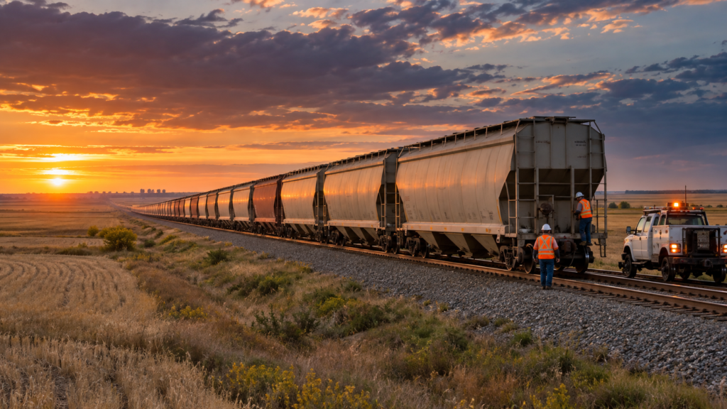 Long freight train carrying potash across Saskatchewan
