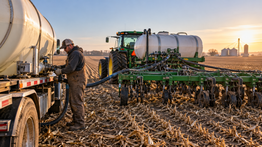 U.S. farmer transferring liquid nitrogen fertilizer into field application equipment