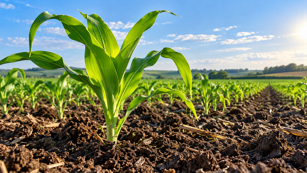 Corn crop growing in soil treated with recycled fertilizer