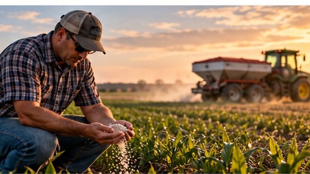 Farmer inspecting granular fertilizer beside agricultural equipment
