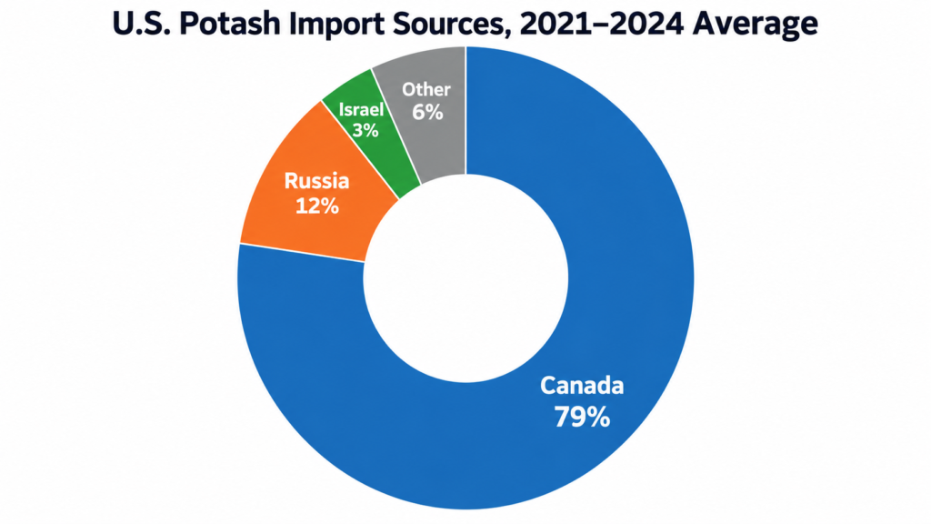 U.S. potash import sources showing Canada at 79%, Russia at 12%, Israel at 3% and other suppliers at 6%