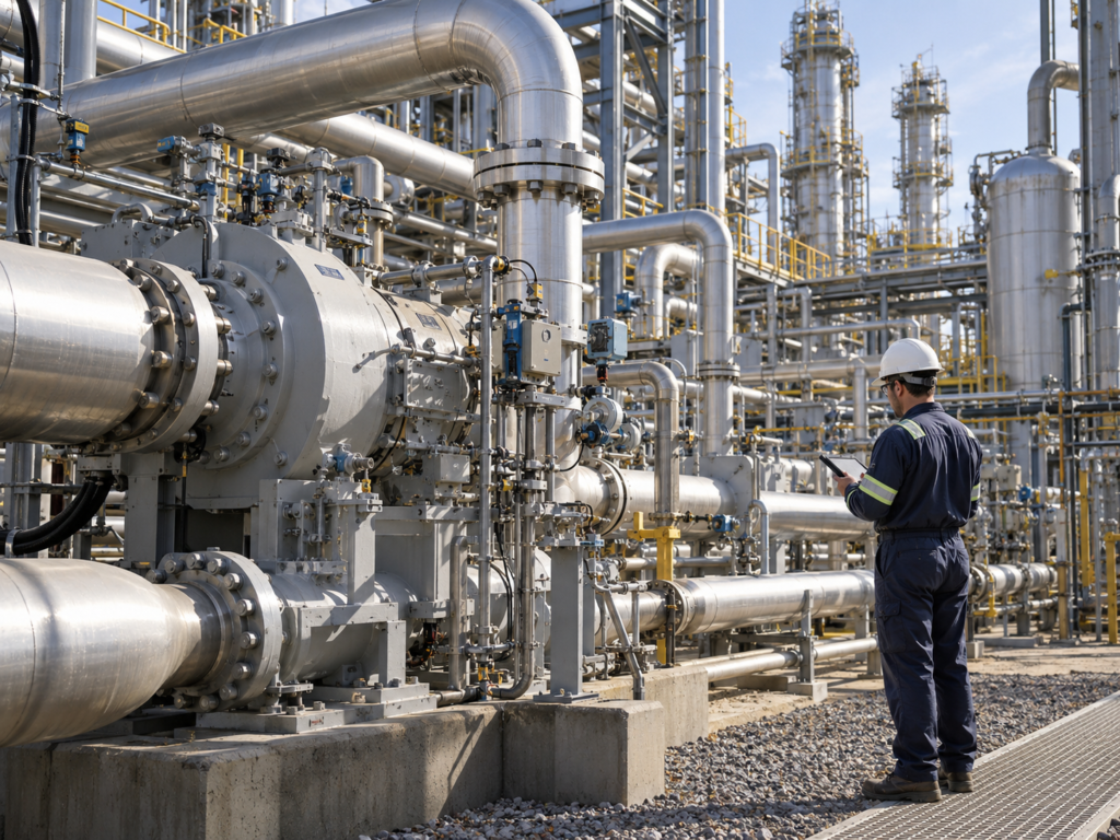 Engineer inspecting low-carbon ammonia production equipment at a fertilizer plant