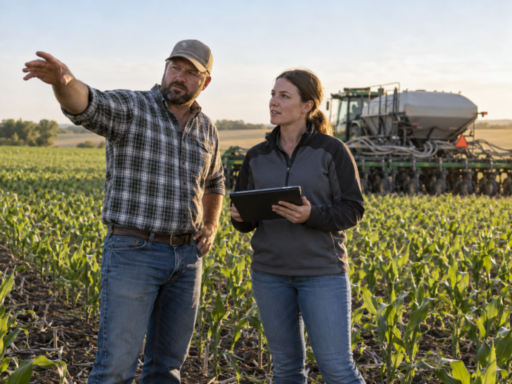 Nebraska farmer and agronomist reviewing fertilizer plans in a corn field