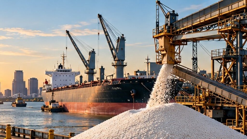 Bulk fertilizer being handled at a river terminal in New Orleans