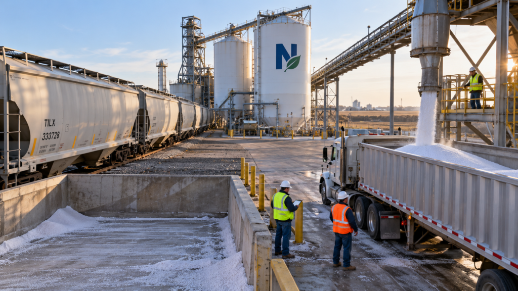 Workers loading granular nitrogen fertilizer into a truck at a U.S. distribution terminal