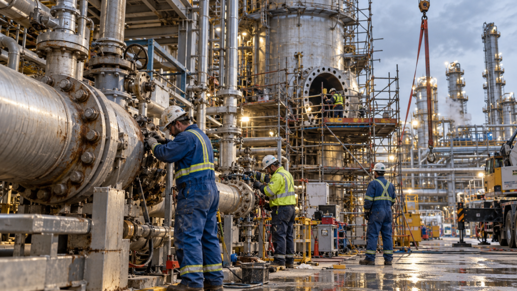 Maintenance workers repairing industrial nitrogen production equipment at a fertilizer plant