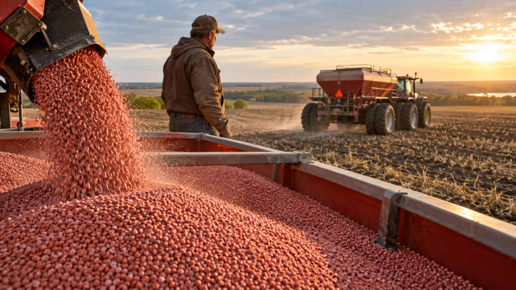 U.S. farmer preparing granular potash fertilizer for field application