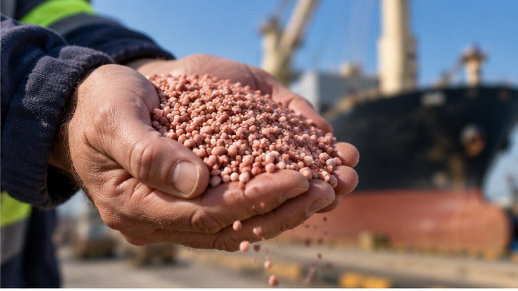 Worker holding granular potash fertilizer at an industrial port terminal