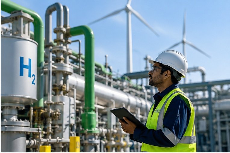 Engineer inspecting renewable hydrogen equipment for green ammonia production