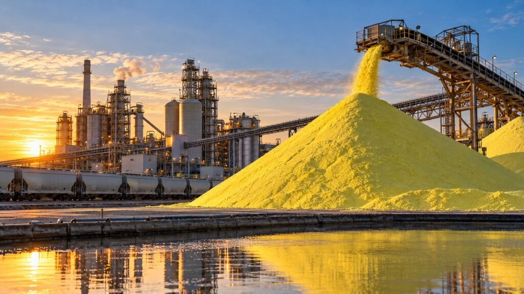 Large sulfur pile at phosphate fertilizer manufacturing facility