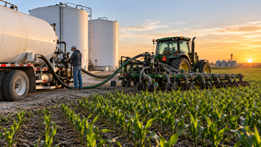 Farmer loading liquid nitrogen fertilizer into application equipment beside a corn field