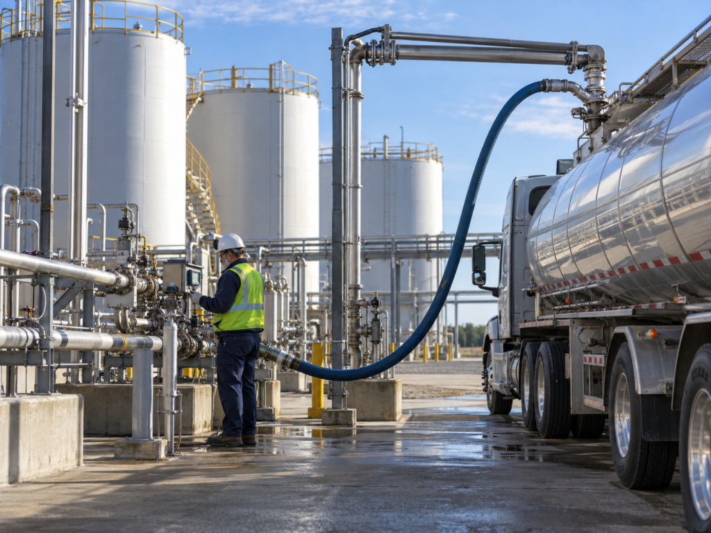 Worker loading liquid fertilizer into a tanker truck at a U.S. fertilizer terminal
