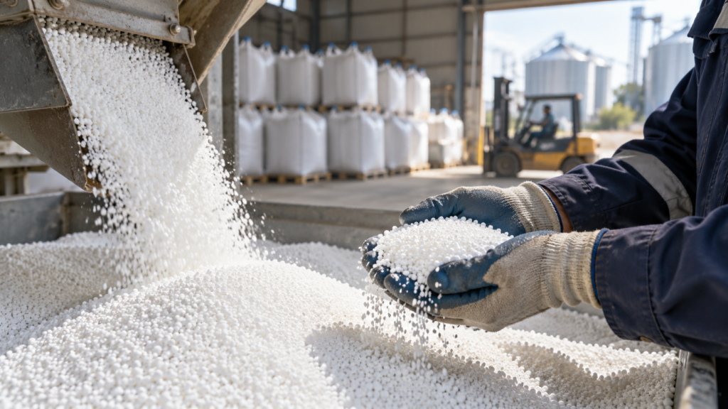 Worker inspecting white granular urea at a fertilizer warehouse