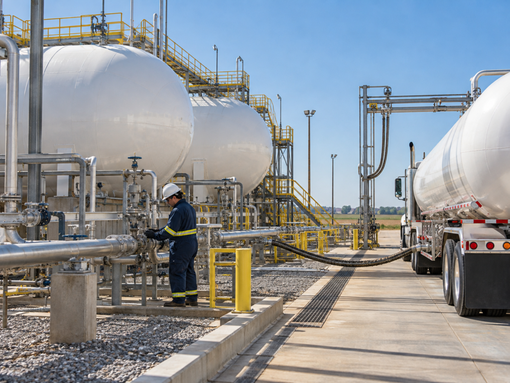 Anhydrous ammonia storage tanks and tanker loading at a U.S. fertilizer terminal