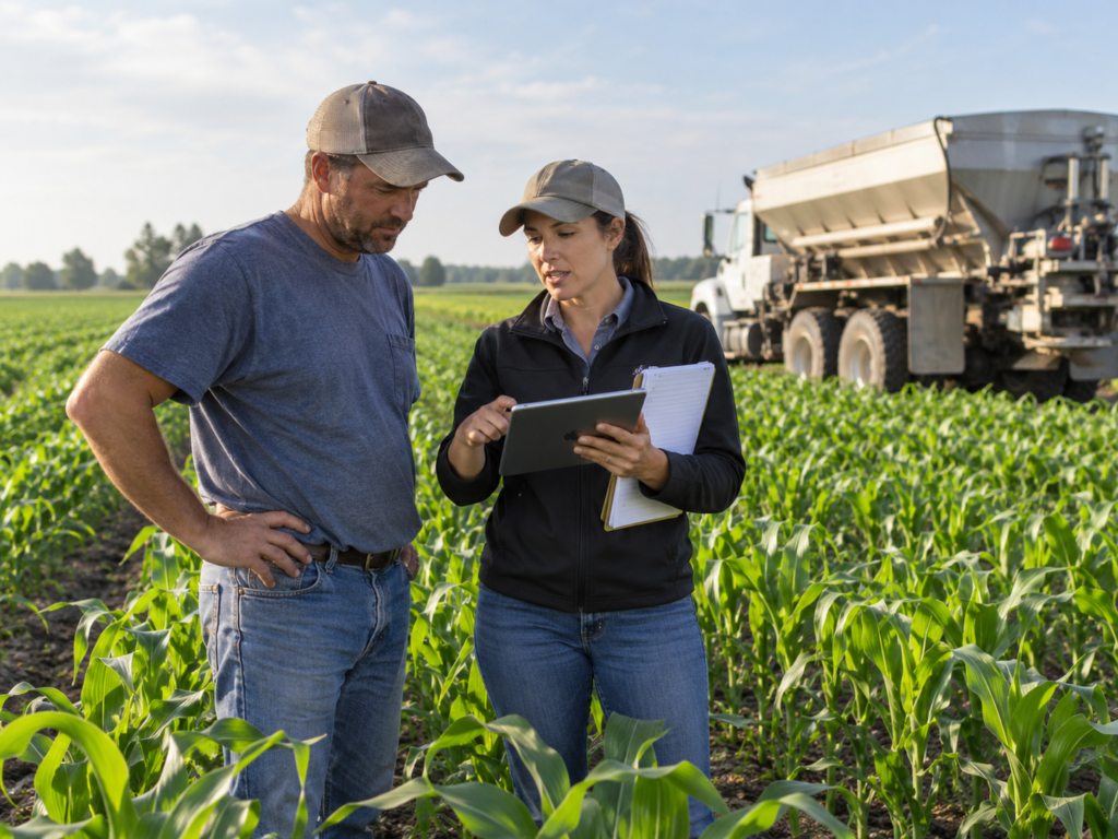 U.S. farmer and agronomist reviewing fertilizer plans in a corn field