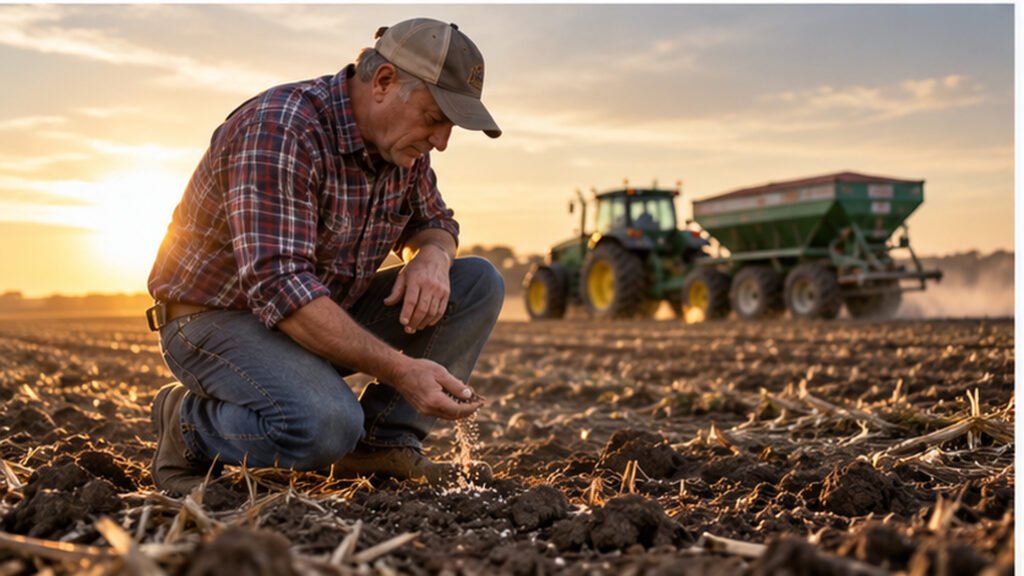 U.S. farmer inspecting fertilizer in a crop field with spreading equipment nearby