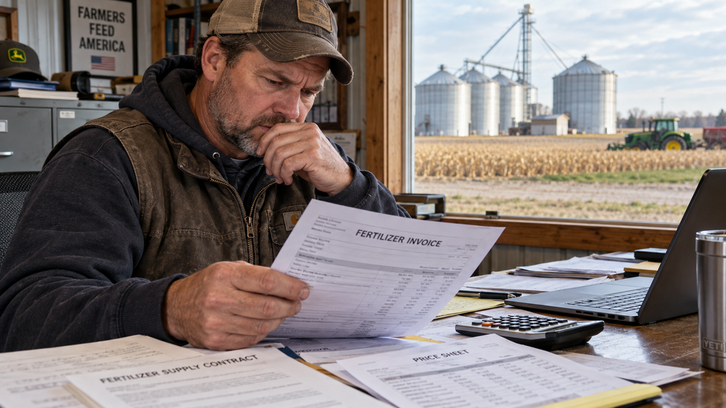 U.S. farmer reviewing fertilizer invoice and farm input costs