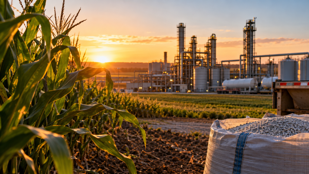 Fertilizer granules beside a U.S. cornfield and fertilizer production facility