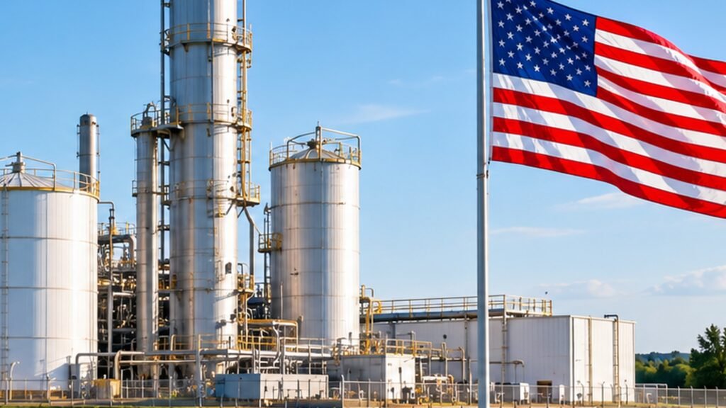 U.S. fertilizer production facility with American flag