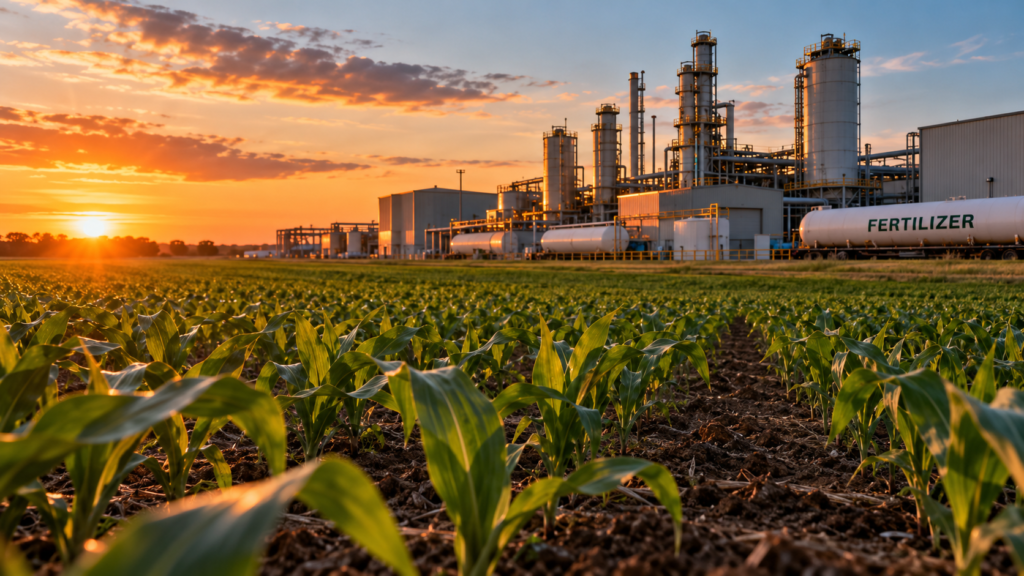 U.S. fertilizer manufacturing plant beside a cornfield at sunset