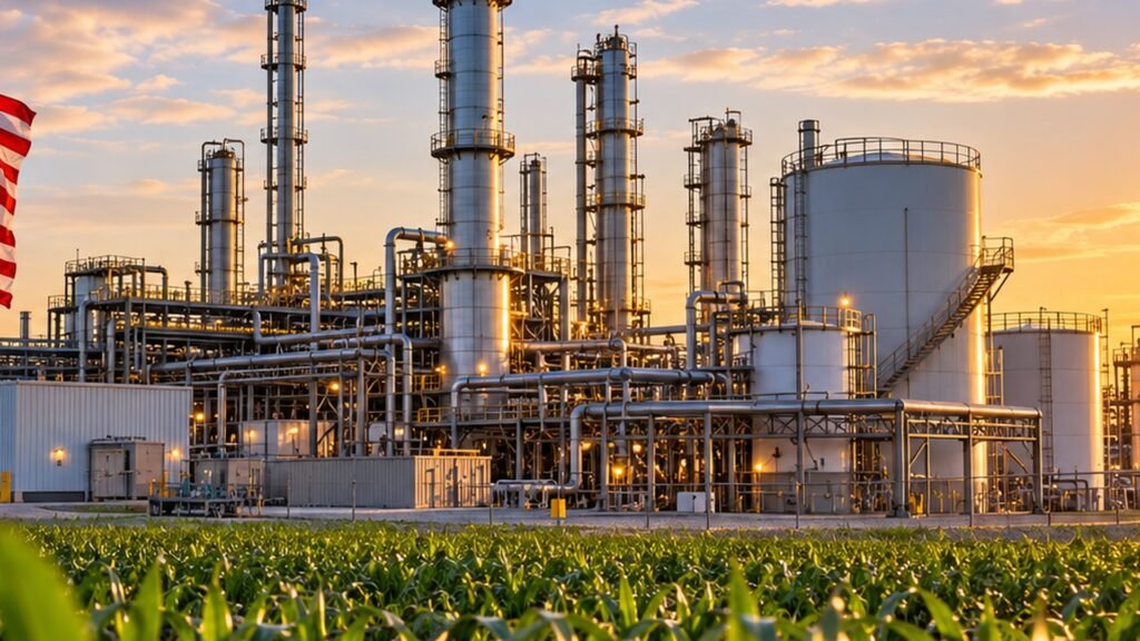 Fertilizer processing units and storage tanks at a U.S. manufacturing plant