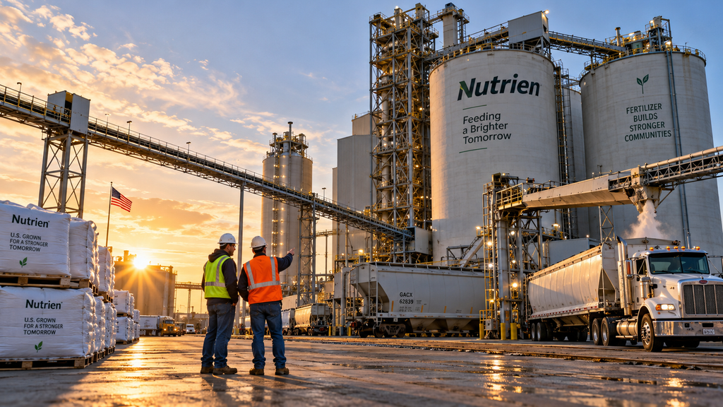 U.S. fertilizer production and distribution facility with trucks and railcars