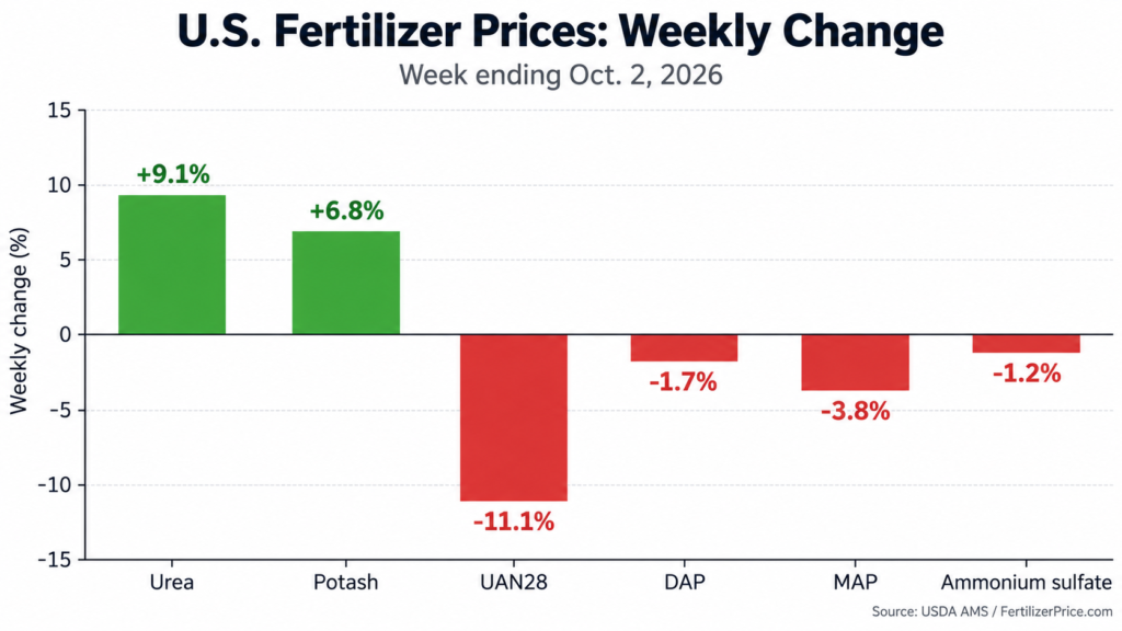 Bar chart showing weekly U.S. fertilizer price changes for urea, potash, UAN28, DAP, MAP and ammonium sulfate