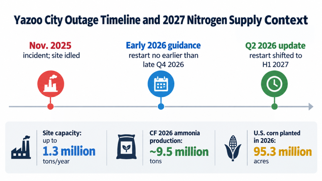 Timeline showing the Yazoo City outage from November 2025 through the revised H1 2027 restart target